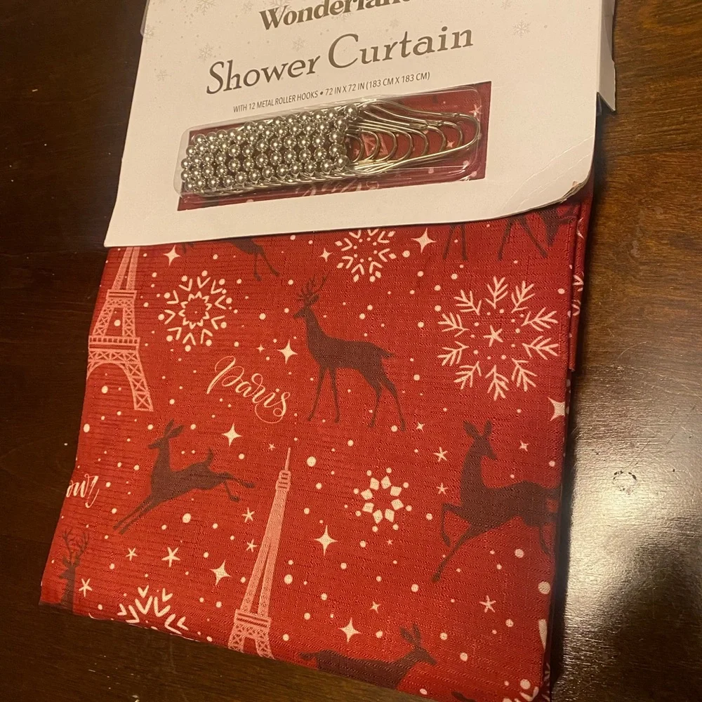 NEW Winter Wonderland shower curtain with metal hooks.